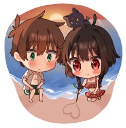  1boy 1girl :| alternate_costume animal_on_head backlighting bare_shoulders beach bikini black_cat black_hair blush blush_stickers branch brown_hair cat cat_on_head chibi chibi_only chomusuke closed_mouth colored_sclera couple eyes_visible_through_hair flirting frilled_bikini frills full_body green_eyes hair_between_eyes heart hetero highres holding holding_branch kneeling kono_subarashii_sekai_ni_shukufuku_wo! looking_down male_swimwear megumin no_headwear ocean on_head outdoors polka_dot polka_dot_bikini red_bikini red_eyes sand_writing satou_kazuma short_hair short_hair_with_long_locks sitting smile sun sunset swim_trunks swimsuit yellow_sclera yuno_(suke_yuno) 