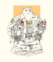  1girl 2boys absurdres animal_ears anton_ivanov bear_boy bear_ears ben_bigger black_shirt carrying carrying_person closed_eyes english_commentary furry furry_male goggles goggles_on_head grace_howard hatching_(texture) highres jacket linear_hatching looking_to_the_side multicolored_hair multiple_boys pants platlk scar scar_across_eye scar_on_face shirt streaked_hair sweat very_sweaty white_jacket white_pants zenless_zone_zero 