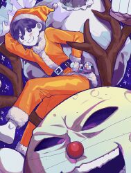  2boys :d animal antlers arm_behind_back bag barefoot belt black_belt blush bright_pupils christmas_stocking chromatic_aberration colored_skin commentary_request double-parted_bangs forest_bunny_(omori) full_body fur-trimmed_headwear fur-trimmed_jumpsuit fur-trimmed_sleeves fur_trim grin hair_behind_ear hair_between_eyes hand_on_own_hip hat hector_(omori) hector_jr_(omori) highres holding holding_bag hollow_eyes horns jumpsuit kel_(headspace)_(omori) kel_(omori) long_sleeves looking_at_viewer male_focus multiple_boys omori open_mouth orange_hat orange_jumpsuit outdoors pluto_(omori) pom_pom_(clothes) purple_hair purple_sky rabbit red_nose reindeer_antlers rock santa_costume santa_hat short_hair skskskaisk sky smile solo_focus sparkle teeth violet_eyes white_bag white_pupils white_rabbit_(animal) white_skin 