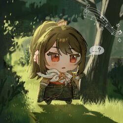  ... ...? 1girl ? backlighting beamed_eighth_notes black_boots black_gloves black_skirt boots brown_cape brown_hair cape chibi forest full_body gloves grass half_note hand_up highres kero017 legs_apart long_skirt musical_note musical_staff nature neckerchief parted_lips ponytail quarter_note red_eyes reverse:1999 semmelweis_(reverse:1999) shirt sixteenth_note skirt solo speech_bubble spoken_ellipsis spoken_question_mark standing treble_clef tree white_neckerchief white_shirt 