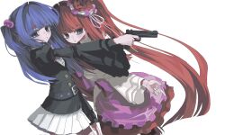  2girls alternate_hairstyle black_sleeves blue_eyes blue_hair blunt_ends cosplay costume_switch flower furudo_erika furudo_erika_(cosplay) gun hairstyle_switch handgun highres holding holding_gun holding_weapon long_hair looking_at_viewer ludo_(grapewood1005) multiple_girls pleated_skirt red_flower red_hair red_rose rose simple_background skirt smile twintails two_side_up umineko_no_naku_koro_ni ushiromiya_ange ushiromiya_ange_(cosplay) very_long_hair weapon white_background white_skirt 