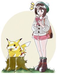  1girl :o absurdres ankle_boots backpack bag black_boots bob_cut boots border brown_background brown_bag brown_eyes brown_hair cable_knit cardigan commentary dress eating english_commentary food full_body gloria_(pokemon) grass green_hat green_socks grey_cardigan hat highres holding holding_food holding_pokedex hood hood_down hooded_cardigan jeff_miga looking_at_object looking_down notice_lines nut_(food) open_mouth pikachu pink_dress plaid_clothes plaid_socks pokedex pokemon pokemon_swsh pom_pom_(clothes) short_hair sitting socks solo standing surprised swept_bangs tam_o&#039;_shanter toggles tree_stump w_arms white_border 