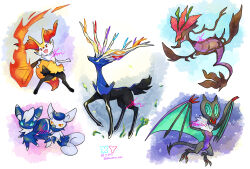  6+others aki_yamane braixen closed_eyes deer dragalge dragon fire fox furry holding holding_stick meowstic multiple_others no_humans noivern open_mouth pokemon pokemon_(creature) red_eyes smile stick western_dragon wyvern xerneas yellow_eyes 