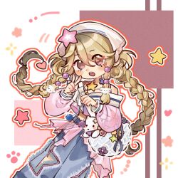  1girl absurdres baby_animal bag baggy_pants belt blonde_hair blue_bag blue_belt blue_pants blush_stickers border bra_strap braid brooch brown_eyes chinese_commentary clenched_hand clothing_cutout cloud_tattoo collarbone commentary_request cropped_shirt deformed denim dog dog_hair_ornament dot_nose eyelashes eyes_visible_through_hair feet_out_of_frame floating_hair hair_between_eyes hair_bobbles hair_ornament happy headscarf heart highres jacket jeans jewelry leg_cutout long_hair long_sleeves looking_at_viewer low_twin_braids midriff miniskirt miracle_nikki motion_lines neck_tattoo nikki_(series) off-shoulder_shirt off_shoulder open_clothes open_jacket open_mouth orange_border pants pants_under_skirt paw_print pink_jacket pink_skirt pleated_skirt puffy_long_sleeves puffy_sleeves puppy purple_shirt see-through_clothes see-through_sleeves shirt shoulder_bag showgirl_skirt skirt solo sparkle standing star_(symbol) star_brooch star_cutout starfish_hair_ornament sweetheart_puppy_patrol_(miracle_nikki) tattoo teeth twin_braids two-tone_shirt upper_teeth_only v very_long_hair white_background white_dog white_headscarf white_shirt yanshi987 