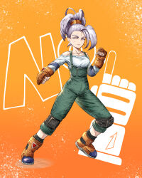  1girl absurdres bare_shoulders big_hair boots boxing_gloves breasts elbow_pads epon fighting_stance fingerless_gloves flexing gloves green_overalls grey_eyes high_ponytail highres knee_pads matthew_barker orange_boots orange_gloves overalls ponytail solo standing tobal_2 tobal_no._1 white_hair 
