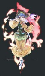  1girl apron black_headscarf blue_hair chisel dress green_apron haniyasushin_keiki headscarf highres jewelry long_hair looking_at_viewer magatama magatama_necklace necklace o_(crazyoton46) red_eyes smile solo touhou yellow_dress 