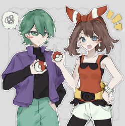  1boy 1girl bike_shorts bike_shorts_under_shorts blue_eyes bow_hairband brown_hair drew_(pokemon) fanny_pack fjne5534 green_hair green_pants hairband highres holding holding_poke_ball jacket looking_at_viewer may_(pokemon) mega_ring open_mouth pants poke_ball pokemon pokemon_(anime) pokemon_oras pokemon_rse_(anime) purple_jacket purple_shirt red_hairband red_shirt shirt shorts shorts_under_shorts 