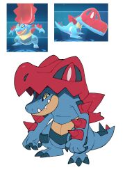 absurdres claws closed_mouth doodlelotl fangs feraligatr full_body game_screenshot_inset highres hood mega_feraligatr mega_pokemon no_humans open_mouth pokemon pokemon_(creature) pokemon_focus pokemon_legends:_z-a sharp_teeth skin_fangs smile spikes tail teeth yellow_eyes