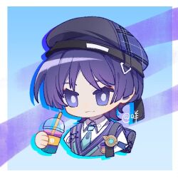 1boy :3 backpack bag beret black_bag black_hat blue_background blue_gemstone blue_necktie blunt_ends border bright_pupils chibi circle_hands closed_mouth collared_shirt contemporary cropped_torso cup disembodied_hand disposable_cup drinking_straw drop_shadow eyeliner eyeshadow gem genshin_impact gold grey_vest hat holding holding_cup makeup male_focus mohu_116 necktie official_alternate_costume purple_background purple_hair purple_trim red_eyeliner red_eyeshadow scaramouche_(genshin_impact) school_uniform shirt short_sleeves smile solo twitter_username vest violet_eyes vision_(genshin_impact) wanderer_(genshin_impact) wanderer_(mega_mgc_coffee)_(genshin_impact) white_border white_pupils white_shirt white_sleeves wispy_bangs 