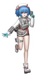  1girl absurdres bandaid bandaid_on_knee bandaid_on_leg beret black_shirt black_shorts blue_gloves blue_hair boots cheogtanbyeong colphne_(girls'_frontline_2) ear_protection finger_on_trigger full_body girls'_frontline_2:_exilium girls_frontline gloves gun hair_between_eyes hair_ornament hairclip hand_up handgun hat highres holster jacket leg_up load_bearing_vest long_sleeves looking_to_the_side medium_hair multicolored_jacket open_mouth pouch red_eyes red_jacket red_ribbon ribbon shirt short_shorts shorts skindentation smile solo taurus_curve thigh_holster twintails two-tone_jacket weapon white_jacket 