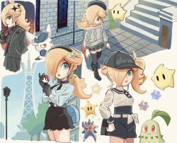  1girl alternate_costume bare_shoulders baseball_cap beret black_boots black_gloves black_hairband black_jacket black_shirt black_shorts black_skirt black_thighhighs blonde_hair blue_eyes blue_skirt boots breasts chikorita closed_mouth colored_sclera colored_skin crossover crown day earrings gem gloves grey_sweater hair_ornament hair_over_one_eye hairband hat highres holding jacket jewelry lamppost leaf long_hair long_sleeves lumiose_city mega_pokemon mega_starmie meowstic meowstic_(female) no_eyes off-shoulder_sweater off_shoulder open_clothes open_jacket outdoors parted_lips plaid_clothes plaid_skirt pleated_skirt pokemon pokemon_(creature) pokemon_focus pokemon_legends:_z-a ponytail prism_tower purple_skin red_eyes red_gemstone rosalina sasaki_sakiko shirt shorts side_ponytail skirt smile star_(symbol) star_bit star_earrings star_hair_ornament starfish starmie super_mario_bros. sweater thigh-highs tree white_shirt yellow_sclera 