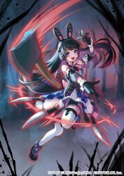  1girl absurdres animal_ear_headphones animal_ears axe black_dress black_eyes black_gloves black_hair copyright_notice dress fake_animal_ears gloves headphones highres knife looking_at_viewer multicolored_hair nijisanji official_alternate_costume official_art open_mouth outdoors peron_(niki2ki884) rabbit_ear_headphones rabbit_ears rabbit_tail red_hair smile solo streaked_hair tail thigh-highs tsukino_mito tsukino_mito_(moon!!) virtual_youtuber white_thighhighs wixoss 