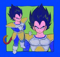  1boy armor black_hair blue_border boots border brown_tail chimachimadb dragon_ball dragon_ball_z full_body gloves green_background male_focus medium_hair monkey_tail multiple_views saiyan_armor simple_background spiky_hair tail upper_body vegeta white_armor white_boots white_gloves 