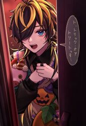 1boy aimono_jyushi alternate_costume black_hair black_shirt blonde_streaks blue_eyes candy doorway food hair_over_one_eye halloween halloween_bucket halloween_costume highres hypnosis_mic jewelry long_hair looking_at_viewer male_focus open_mouth own_hands_together pov_doorway pumpkin_print purple_trim ring shirt small_sweatdrop soramame_pikuto speech_bubble stuffed_toy sweater_vest translation_request upper_body yellow_sweater_vest 