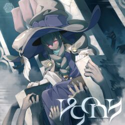  1girl album_cover black_hair braid character_request closed_mouth clothing_cutout cover dress expressionless front_braid game_cg grey_hat hat highres hip_vent long_dress long_hair long_sidelocks non-web_source official_art pink_eyes purple_dress sidelocks sitting_on_throne sleeveless sleeveless_dress solo_focus stella_sora surrounded_by_hands throne very_long_hair very_long_sidelocks witch_hat 