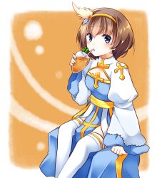  1girl arch_bishop_(ragnarok_online) blue_dress blue_eyes blush breasts brown_hair carrot_juice closed_mouth commentary_request cross dress drinking_straw drinking_straw_in_mouth expressionless feet_out_of_frame hairband highres invisible_chair juice juliet_sleeves kiriko long_sleeves looking_at_viewer medium_breasts orange_background puffy_sleeves ragnarok_online sash short_hair sitting solo thigh-highs two-tone_dress white_dress white_thighhighs yellow_hairband yellow_sash 
