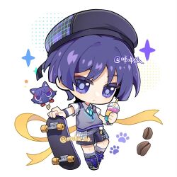  1boy animalization aqua_trim beret black_hat black_shoes black_shorts blunt_ends cat chibi closed_mouth coffee_beans collared_shirt colored_eyelashes contemporary cross-laced_shoes cup disembodied_head disposable_cup drinking_straw expressionless eyeliner eyeshadow feathers full_body genshin_impact grey_socks grey_sweater_vest hat holding holding_cup holding_skateboard looking_at_viewer makeup male_focus mohu_116 official_alternate_costume paw_print person_and_animalization pom_pom_(clothes) purple_cat purple_hair purple_trim red_eyeliner red_eyeshadow ribbon scaramouche_(cat)_(genshin_impact) scaramouche_(genshin_impact) school_uniform shirt shoes short_sleeves shorts skateboard sneakers socks solo sparkle string sweater_vest twitter_username violet_eyes wanderer_(genshin_impact) wanderer_(mega_mgc_coffee)_(genshin_impact) white_background white_shirt white_sleeves wispy_bangs wristband yellow_feathers yellow_ribbon 