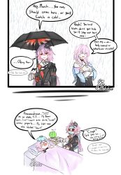  2girls absurdres artist_name asymmetrical_dress bed bed_sheet black_choker black_corset black_dress black_flower black_gloves black_umbrella blush bra_strap chair choker closed_eyes cold corset cowboy_shot dress earrings english_commentary english_text evernight_(honkai:_star_rail) flower flower_ornament gloves gradient_clothes gradient_jacket hair_between_eyes hair_flower hair_ornament hairclip hakukiee half-jacket head_on_pillow highres holding holding_umbrella honkai:_star_rail honkai_(series) jacket jewelry long_hair long_sleeves looking_at_viewer lying march_7th_(honkai:_star_rail) mask medium_hair mouth_mask multiple_girls official_alternate_eye_color on_back on_bed on_chair open_mouth pillow pink_hair rain red_eyes shirt sick single_bare_shoulder single_earring speech_bubble tearing_up umbrella 