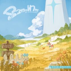  1girl album_cover ann_(stella_sora) bird blue_bird blue_sky bonnet chasing clouds cover day fence game_cg highres low_ponytail monolith_(object) non-web_source official_art orange_bird orange_hair outdoors ponytail sign sky solo stella_sora tail very_wide_shot wooden_fence yellow_bird yellow_bonnet 
