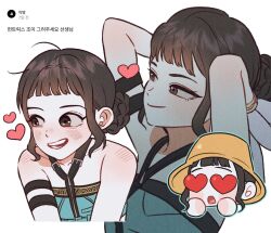  1girl black_hair blush bracelet chibi double_bun hair_bun halterneck hashtag-only_commentary hat heart heart-shaped_eyes highres jewelry kpop_demon_hunters multiple_views nyongni orange_hat short_bangs sidelocks simple_background smile upper_body white_background zoey_(kpop_demon_hunters) 