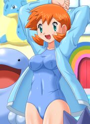  1girl adult alternate_hairstyle arms_behind_head blue_eyes blush breasts coat gym_leader kasumi_(pokemon) kasumi_(pokemon)_(hgss) lapras lowres one-piece_swimsuit orange_hair pokemoa pokemon pokemon_(creature) pokemon_(game) pokemon_gsc quagsire short_hair starmie swimsuit 