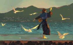  1boy barefoot bird black_kimono black_sash blue_vest chinese_commentary dove dusk ensemble_stars! facing_away from_behind full_body hand_up highres japanese_clothes kimono long_sleeves male_focus mountain ocean outstretched_arm pier procreate_(medium) red_hair sakasaki_natsume sash short_hair single_sidelock solo standing vest waist_sash wide_sleeves yilengshisanlengzhudeyigeleng 