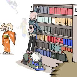  3boys 3girls ahoge all_fours among_us animal_bag apron backpack bag black_pants black_thighhighs blue_apron bookshelf brown_hair brown_skirt cat_bag commentary_request crewmate_(among_us) danganronpa_(series) danganronpa_2:_goodbye_despair flipped_hair green_jacket hinata_hajime hood hood_down jacket japanese_clothes kimono kmnm_1403 komaeda_nagito long_sleeves medium_hair mioda_ibuki multiple_boys multiple_girls nanami_chiaki obi orange_kimono pants pink_bag pleated_skirt saionji_hiyoko sash simple_background skirt soda_kazuichi thigh-highs wide_sleeves yaoi_(object) zettai_ryouiki 