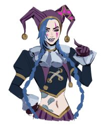  1girl absurdres arcane:_league_of_legends arcane_jinx black_shirt blue_eyes blue_hair braid crop_top eyeshadow facepaint gloves gold_trim hand_on_own_hip hat hat_bell highres jester jester_cap jinx_(league_of_legends) juliet_sleeves league_of_legends long_hair long_sleeves makeup midriff navel neck_ruff one_eye_closed parted_lips puffy_sleeves purple_gloves rimari_(rimri4mm) shirt smile solo teardrop_facial_mark teeth twin_braids upper_body white_background 