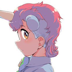  1girl blue_hair bow bowtie brown_hair highres horns kemono_friends kemono_friends_3 looking_at_viewer mcgunngu multicolored_hair pink_hair shirt short_hair simple_background solo two-tone_hair unico unico_(kemono_friends) unicorn_girl unicorn_horn upper_body white_shirt 