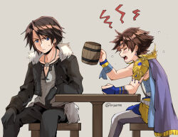  2boys armor bartz_klauser beer_mug black_gloves black_jacket black_pants blue_eyes blush bridal_gauntlets brown_hair cape chain chain_necklace closed_eyes cropped_jacket cup dissidia_final_fantasy drooling drunk earrings feet_out_of_frame final_fantasy final_fantasy_v final_fantasy_viii fur-trimmed_jacket fur_trim furrowed_brow gloves gold_trim grey_background grey_cape grey_pants hair_between_eyes holding holding_cup jacket jewelry kurosuema male_focus mouth_drool mug multiple_boys necklace pants parted_bangs parted_lips sash scar scar_on_face scar_on_forehead shirt short_hair shoulder_armor sitting squall_leonhart sweatdrop twitter_username waist_sash white_shirt 