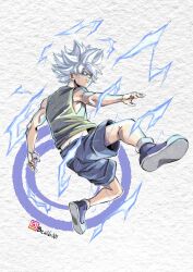  1boy absurdres beatlo_(rodrigo38658978) blue_shorts electricity full_body green_tank_top highres hunter_x_hunter killua_zoldyck male_focus shorts simple_background solo spiky_hair tank_top toriyama_akira_(style) white_background white_hair 