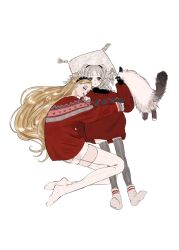  2girls alternate_costume black_gloves black_hairband black_shirt blonde_hair blush cat christmas_sweater from_above fur_shorts fuyuki_manon_(gomibako_(gomibako_price)) gloves gomibako_(gomibako_price) grey_eyes grey_hair grey_pantyhose grin hairband head_on_pillow highres hug long_hair long_sleeves lying multiple_girls on_back on_side original pantyhose parted_lips pillow red_sweater relaxing ringlets shirt short_shorts shorts simple_background smile socks socks_over_pantyhose sweater thigh-highs two_side_up undershirt white_background white_socks white_thighhighs yukino_kanna_(gomibako_(gomibako_price)) 