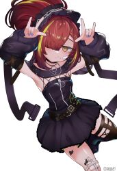  1girl \m/ arknights artist_name bandage_on_knee bandaid bandaid_on_face black_bonnet black_choker black_dress blue_nails blunt_bangs blush bonnet brown_eyes chain choker commentary cuddz detached_sleeves double_\m/ dress english_commentary gauze_on_knee green_hair hair_over_one_eye highres jewelry long_hair looking_at_viewer material_growth multicolored_hair nail_polish oripathy_lesion_(arknights) pointy_ears red_hair simple_background single_thighhigh solo streaked_hair tecno_(arknights) thigh-highs white_background 