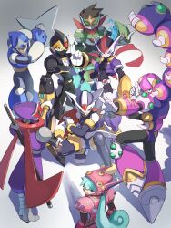 1girl 6+boys absurdres armor black_armor black_helmet blue_armor blue_eyes character_request clenched_hand commentary_request covered_mouth fishnets full_body green_eyes green_hair group_picture helmet hidden_phantom_(mega_man) highres holding holding_sword holding_weapon in-franchise_crossover kuji-in long_hair male_focus marino_(mega_man) mask mega_man_(classic) mega_man_(series) mega_man_battle_network_(series) mega_man_star_force_(series) mega_man_x_(series) mega_man_zero_(series) mega_man_zx model_px_(mega_man) mouth_mask multiple_boys omochi_(mochi_skymega) pink_armor pink_helmet purple_armor purple_helmet red_eyes red_scarf scarf shadow_armor_x_(mega_man) shadow_man_(mega_man) shadowman.exe shuriken simple_background star_force_mega_man sword vent_(mega_man) weapon white_background x_(mega_man) 