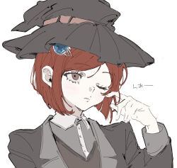  1girl belt black_hat black_jacket blue_gemstone blunt_ends bob_cut brown_eyes brown_vest buttons closed_mouth collared_jacket collared_shirt commentary_request danganronpa_(series) danganronpa_v3:_killing_harmony expressionless eyelashes fingernails gem gem_hair_ornament grey_shirt hair_between_eyes hair_ornament hairclip hat hat_belt jacket lapels light_blush light_frown lips long_sleeves looking_ahead notched_lapels one_eye_closed open_clothes open_jacket red_belt red_hair rubbing_eyes seailand shirt short_hair simple_background sleeve_cuffs solo upper_body v-neck vest white_background witch_hat yumeno_himiko 