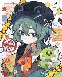  1girl artist_name bear_hat black_hat blush character_request closed_mouth collared_shirt commentary double-parted_bangs green_hair green_jacket hair_between_eyes hat highres jacket looking_at_viewer mirta neck_ribbon orange_ribbon portrait ribbon shirt short_hair solo sticky_note symbol-only_commentary white_background white_shirt xinyue_tongxing 