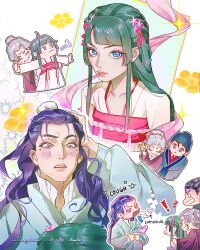  ! 2boys 2girls artist_name beads blue_eyes blue_hair blue_hat blush braid breasts bun_cover chibi chibi_inset chinese_clothes coughing flower freckles frown gaoshun_(kusuriya_no_hitorigoto) green_eyes green_robe grey_hair grin hair_beads hair_bun hair_flower hair_ornament hat heart heart-shaped_eyes jinshi_(kusuriya_no_hitorigoto) kusuriya_no_hitorigoto lacampanule long_hair maomao_(kusuriya_no_hitorigoto) multiple_boys multiple_girls multiple_views old old_woman open_mouth robe side_braids small_breasts smile sparkle suiren_(kusuriya_no_hitorigoto) teeth upper_body violet_eyes 