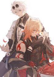  2boys absurdres antenna_hair arm_around_shoulder arm_tattoo black_bridal_gauntlets black_choker black_gloves black_pants black_shirt blonde_hair blue_eyes braid bridal_gauntlets chest_tattoo chinese_clothes chinese_commentary choker cleavage_cutout clothing_cutout coat commentary_request eyewear_on_head facial_tattoo gloves gradient_hair hanchuanyeyoh highres honkai:_star_rail honkai_(series) jacket layered_sleeves long_sleeves male_focus mandarin_collar medium_hair multicolored_hair multiple_boys mydei_(honkai:_star_rail) neck_tattoo off_shoulder pants parted_bangs phainon_(honkai:_star_rail) red_coat red_hair red_tattoo round_eyewear see-through_clothes see-through_shirt shirt short_hair short_over_long_sleeves short_sleeves side_braid simple_background single_glove sleeveless sun_symbol sun_tattoo tattoo thigh_strap white_background white_hair white_jacket yellow_eyes 