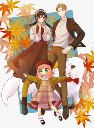  1boy 2girls anya_(spy_x_family) autumn_leaves beret black_dress black_hair black_jacket black_shoes blonde_hair blue_background blue_eyes bond_(spy_x_family) border bow bowtie brown_cardigan brown_hat brown_pants cardigan child closed_mouth collared_dress dog dress full_body green_eyes grey_hairband grey_ribbon hair_between_eyes hair_ribbon hairband hat highres jacket leaf light_blush long_hair medium_hair multiple_girls outstretched_arms own_hands_together pants pantyhose pink_hair plaid_clothes plaid_dress red_bow red_bowtie red_eyes ribbon shirt shoes short_hair sidelocks smile socks spy_x_family suit_jacket twilight_(spy_x_family) umini_ikukara updo white_border white_cardigan white_shirt white_socks yellow_pantyhose yor_briar 