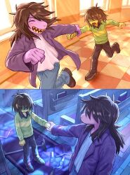  1girl 1other ^_^ amber_graygamma antenna_hair blue_pants book brown_hair brown_pants brown_shoes candlestand closed_eyes colored_skin covered_eyes deltarune denim expressionless freckles from_above green_sweater holding_another&#039;s_wrist holding_hands jacket jeans kris_(deltarune) light_rays long_hair open_mouth outstretched_arm pants pew pink_skin purple_jacket running shaded_face sharp_teeth shoes short_hair standing susie_(deltarune) sweater teeth tile_floor tiles utdr_(toby_fox) 