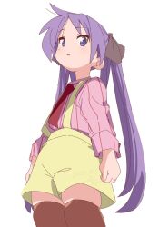  1girl 2025 black_bow blue_eyes bluearcadegames bow brown_thighhighs dated hair_bow highres hiiragi_kagami long_hair lucky_star necktie pink_shirt pinstripe_pattern pinstripe_shirt purple_hair red_necktie shirt shorts simple_background suspender_shorts suspenders thigh-highs tsurime twintails white_background yellow_shorts 