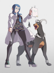  1girl black_pantyhose blue-tinted_eyewear blue_eyes blue_hair blue_necktie breasts coat dress fangs hair_rings highres horns houndoom kmconceptart lab_coat long_hair long_sleeves looking_at_viewer mable_(pokemon) necktie open_clothes open_coat open_mouth pantyhose pokemon pokemon_(creature) pokemon_legends:_z-a rotom rotom_phone safety_glasses sharp_teeth shoes simple_background tablet_pc tail teeth tinted_eyewear white_coat white_dress 