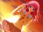  blush cellphone_strap fujisawa_hinako game_cg keychain ojousama_kumikyoku outdoors pink_hair skirt sunset sweater tatsumi_neon thigh-highs thighhighs wind_lift 