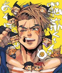  6+boys :3 :d black_gloves black_hair blonde_hair blue_eyes brown_eyes cheek_pinching chibi commentary_request fingerless_gloves gloves highres jamie_siu long_hair looking_at_another looking_at_viewer luke_sullivan male_focus mini_person miniboy multiple_boys multiple_persona pinching red_hair short_hair sleeping smile street_fighter street_fighter_6 syazai tearing_up translation_request v-shaped_eyebrows yellow_background 