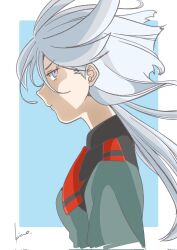  1girl asticassia_school_uniform commentary corrupted_twitter_file from_side gundam gundam_suisei_no_majo highres kico_factory long_hair looking_at_viewer miorine_rembran profile school_uniform sideways_glance signature solo upper_body white_hair 