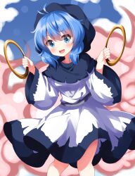  1girl :d blue_eyes blue_hair blush buddhist_nun commentary_request dress feet_out_of_frame highres holding_hoop hooded_dress kumoi_ichirin long_sleeves looking_at_viewer open_mouth ruu_(tksymkw) short_hair smile solo standing touhou white_dress wide_sleeves 