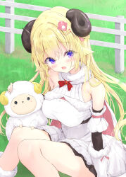  1girl animal_ears blonde_hair blush commentary_request dress fence fur-trimmed_dress fur_trim grass hair_ornament hairpin highres hololive horns kouda_suzu long_hair open_mouth outdoors sheep_ears sheep_girl sheep_horns sleeveless sleeveless_dress solo tsunomaki_watame tsunomaki_watame_(1st_costume) very_long_hair violet_eyes virtual_youtuber watamate white_dress wooden_fence 