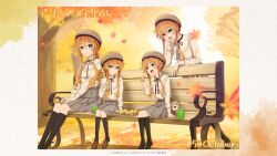  4girls age_difference aged_down bench beret black_socks blue_eyes braid brown_shoes date_a_live drill_hair drill_sidelocks hair_between_eyes hat leaf long_hair long_sleeves low_drills maple_leaf multiple_girls official_alternate_costume official_art open_mouth orange_hair outdoors park_bench pleated_skirt shoes siblings sidelocks sisters skirt smile socks tree twins yamai_kaguya yamai_yuzuru 