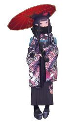  1girl :d absurdres black_gloves black_haori black_kimono black_scarf braid bun_with_braided_base commentary double_bun enpera floomf full_body gloves hair_bun haori highres holding holding_umbrella hololive japanese_clothes kimono long_sidelocks looking_at_viewer mackintosh_rose ninomae_ina&#039;nis ninomae_ina&#039;nis_(new_year) official_alternate_costume official_alternate_hairstyle parasol platform_shoes print_kimono purple_kimono red_umbrella scarf shoes sidelocks simple_background smile solo standing umbrella white_background 