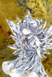  1girl blue_bow blue_dress blue_eyes blue_hair bow cirno collared_shirt commentary_request dress fairy hair_between_eyes hair_bow ice ice_wings ikeda_ruriko open_mouth shirt short_hair short_sleeves solo touhou traditional_media white_shirt wings 